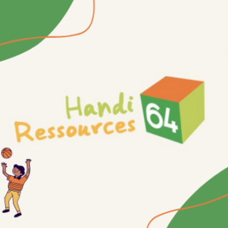 Logo de Handi Ressources 64 avec des symboles d'inclusion et de soutien aux enfants en situation de handicap