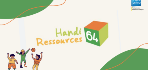 Logo de Handi Ressources 64 avec des symboles d'inclusion et de soutien aux enfants en situation de handicap